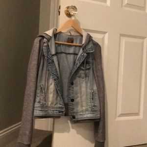 Jean jacket with heather gray sleeves and hood